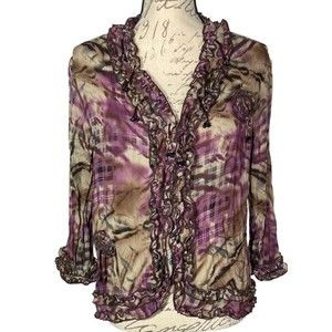 Agora Beaded Crinkled Floral Long Sleeve Purple Top  Front Buttons Size Small